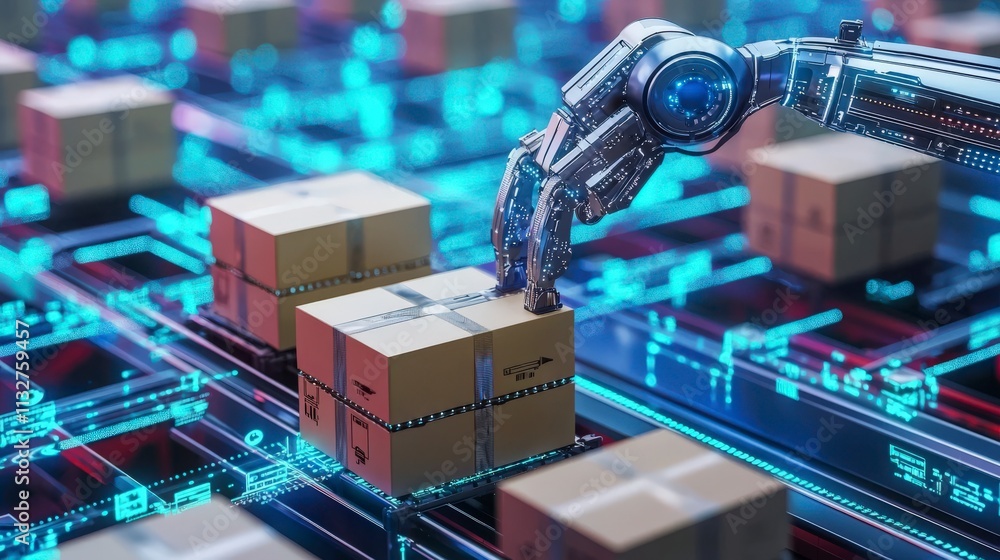 Aufkleber robotic arm stacking boxes on conveyor belt warehouse technology showcase industrial setting close-u