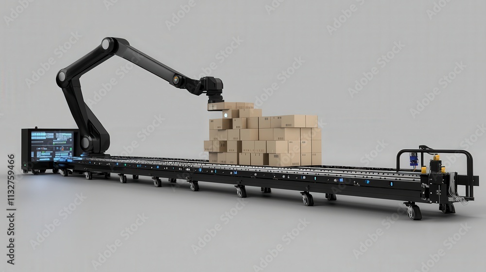 Fototapete side view of robotic arm stacking boxes on conveyor belt efficiency in industrial warehouse automati