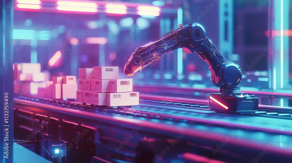 Poster Robotic arm stacking boxes on conveyor belt high-tech facility futuristic environment dynamic viewpoint automation concept