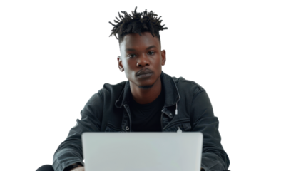 African young male Employee IT specialist sit at work with laptop on white background	