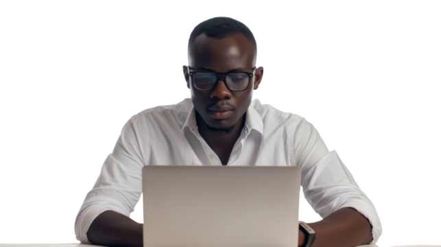 African young male Employee IT specialist sit at work with laptop on white background	