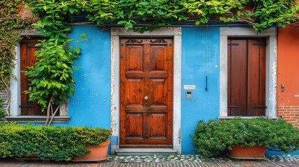 Rustic Wooden Doorway Framed by Lush Greenery and Blue Walls
