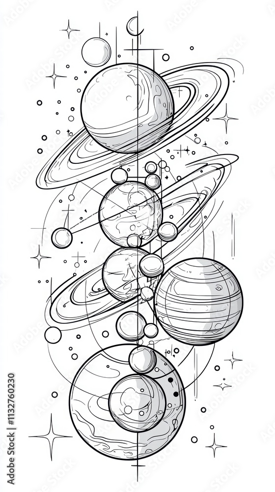 Poster celestial alignment a line art planetary system
