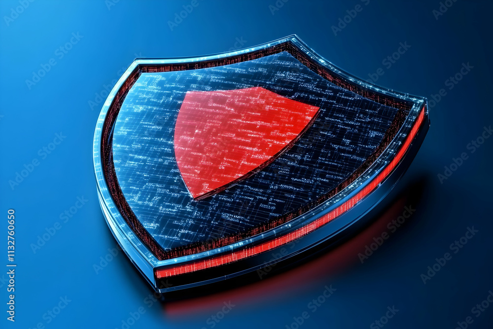 Poster digital shield with red inner core on blue background.