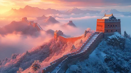 Fotobehang The Great Wall of China during a snowy winter morning, with mist rolling over the peaks © tong2530
