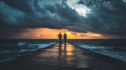 Fototapeta premium Couple Holding Hands Walking Towards Sunset Ocean