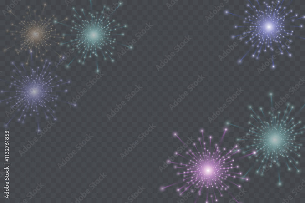 Poster set of bright colorful isolated vector fireworks on transparent background.
