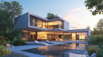 Solar-powered water heater installation modern home architecture outdoor pool sunset view energy efficiency concept