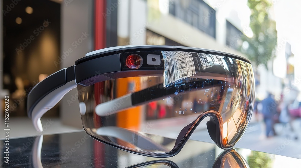 Poster augmented reality headset in urban setting showcasing digital information in a modern tech environme