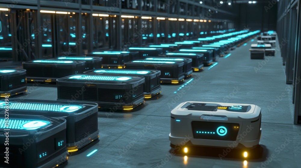 Poster automated inventory sorting system warehouse technology industrial aerial view innovation for effici