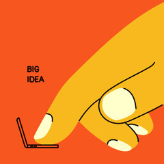 Big idea concept illustration. Giant hands with tiny laptop. Communication, mailing, chatting, social media addiction concept. Hand drawn trendy Vector illustration in cartoon style.