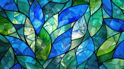 Stained glass window in blue and green colors leaves, stained glass background