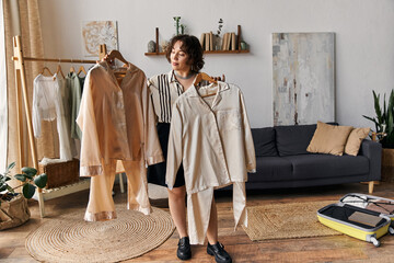 A young woman with curly hair inspects two outfits in her stylish, sunlit apartment.