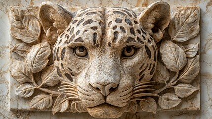 Elegant Stone Carving Of A Leopard Head With Leaves