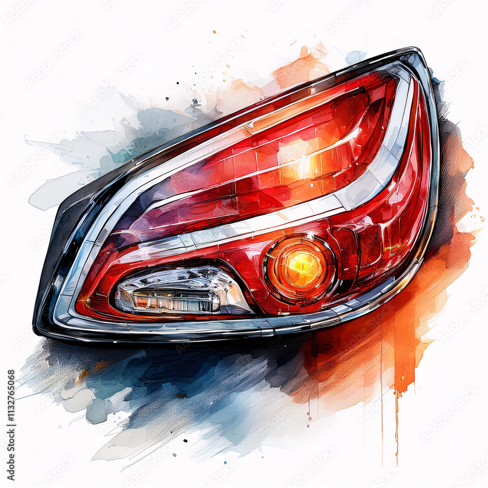 Poster a modern car taillight with intricate details, rendered in a dynamic style with splashes of color