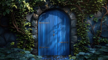 Enchanting Blue Door Set Within Lush Green Vines