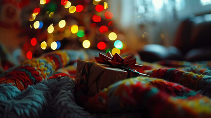 Naklejka premium Warm blankets and gift boxes with a bow. Blurred background of Christmas tree. New Year mood