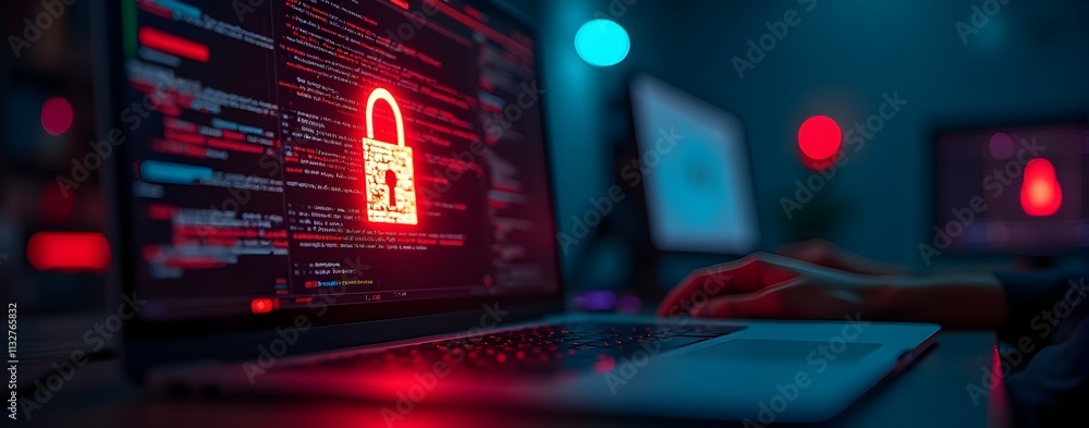 Poster intense red glow illuminates a laptop screen displaying code and a glowing padlock, symbolizing digi