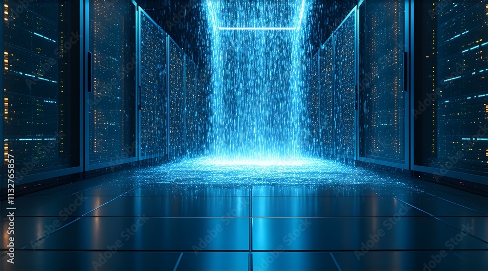 Poster data streams cascade through a futuristic server room, illuminating the pathway to digital innovatio