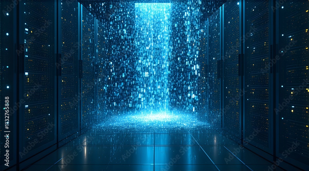 Poster data streams cascade through a futuristic server room, illuminating the digital landscape with glowi