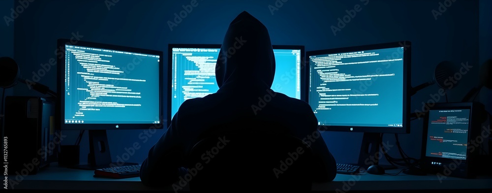 Poster enigmatic figure shrouded in darkness, intensely focused on lines of code illuminating three large m