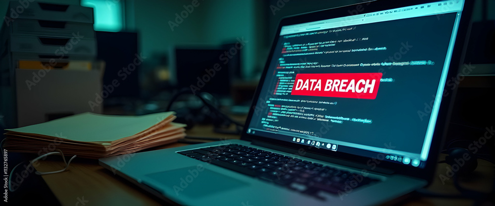 Poster cybersecurity alert! a laptop screen displays a stark 'data breach' warning amidst lines of code. ur