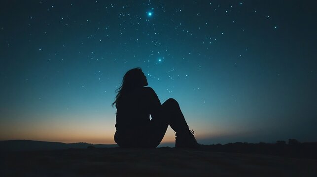 Woman Silhouetted Against Night Sky Stargazing