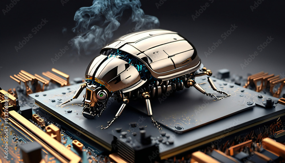 Poster beetle attacks and destroys electronics. concept of computer virus and malicious software code.