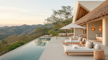 Luxurious villa with stunning infinity pool overlooking lush mountains, featuring modern outdoor furniture and serene ambiance. Perfect for relaxation and tranquility