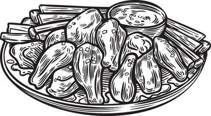 Buffalo wings and sauce traditional dish line drawing vector illustration.