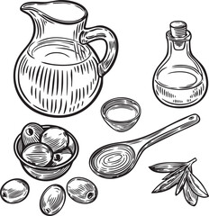 Olives and kitchen utensils engraved vector illustration.