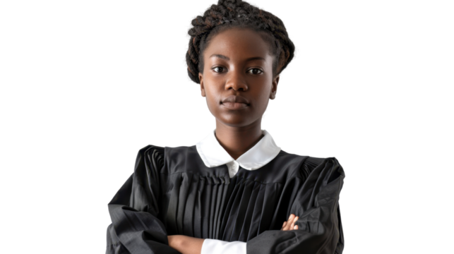African young female judge on white background
