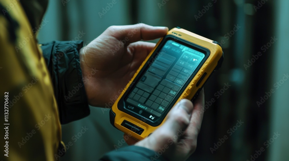 Poster Handheld temperature-resistant device for data management industrial environment technology close-up view efficiency concept