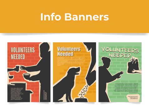 Volunteers needed advertising black silhouette banner design template set vector flat