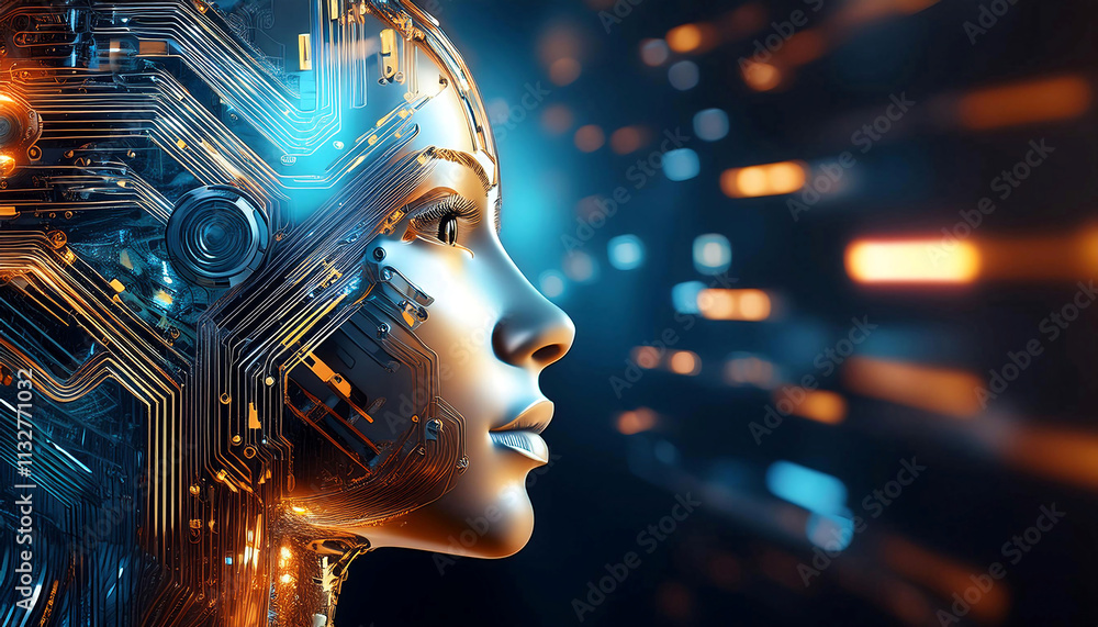 Poster artificial intelligence robot with circuitry, symbolizing technology, innovation, and future.