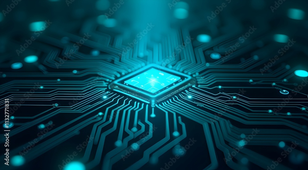 Poster glowing teal circuit board, showcasing a central processor unit. intricate pathways illuminate the t