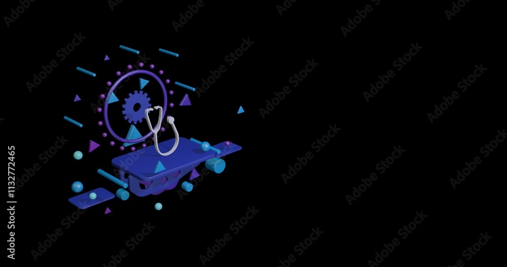 Poster white stethoscope symbol on a pedestal of abstract geometric shapes floating in the air. abstract co
