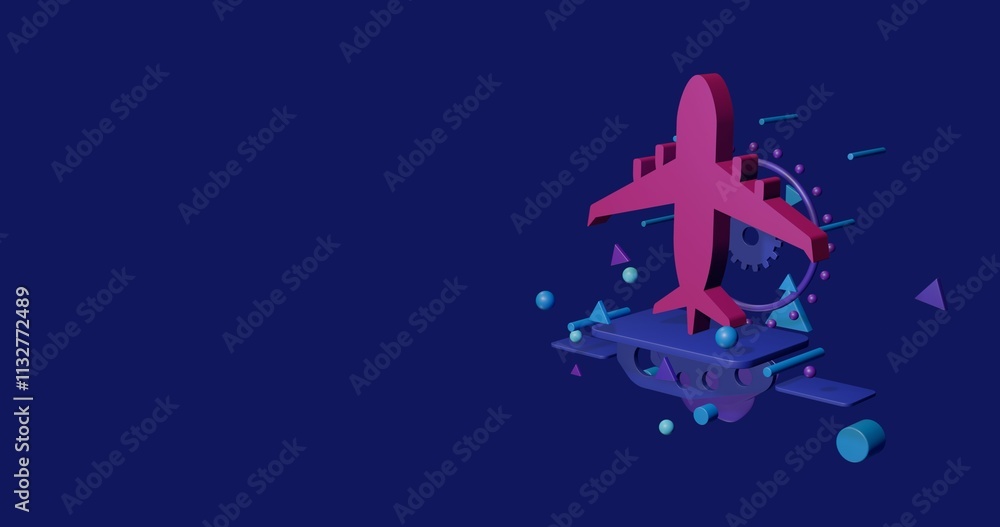 Poster pink airplane symbol on a pedestal of abstract geometric shapes floating in the air. abstract concep