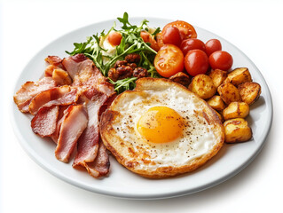 fried eggs with bacon and vegetables