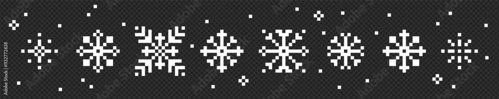 Poster y2k winter tech background in pixel art with geometric snowflakes. snow. abstract game elements. chr
