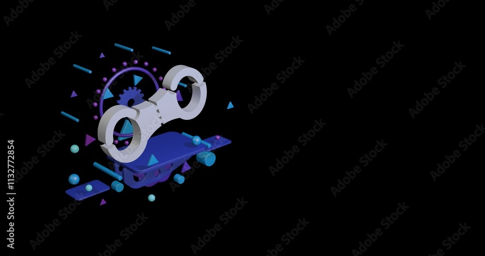 Poster white handcuffs symbol on a pedestal of abstract geometric shapes floating in the air. abstract conc