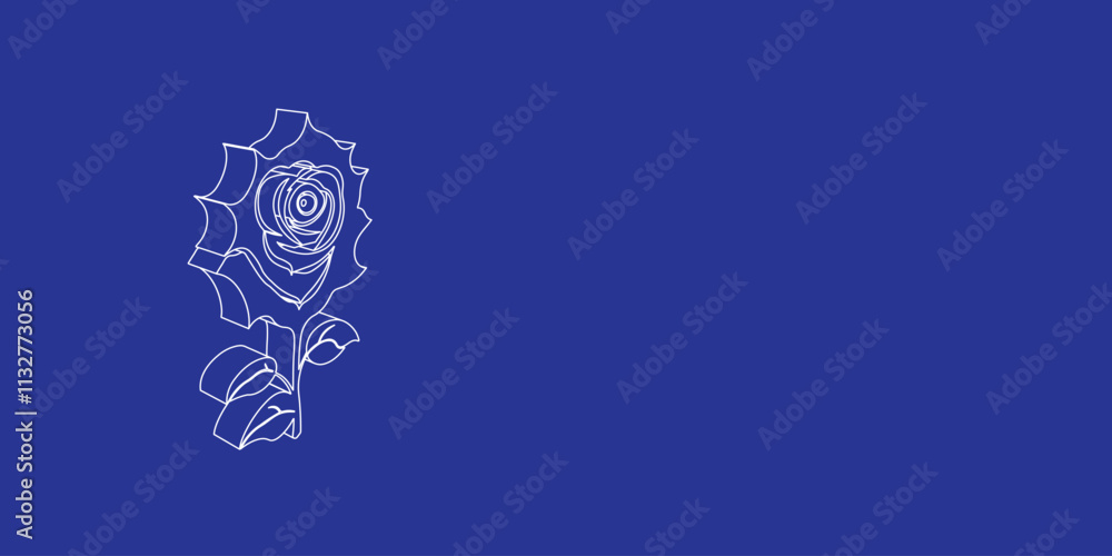 Poster the outline of a large rose flower made of white lines on the left. 3d view of the object in perspec