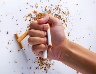 hand crushing a cigarette on a clean white background