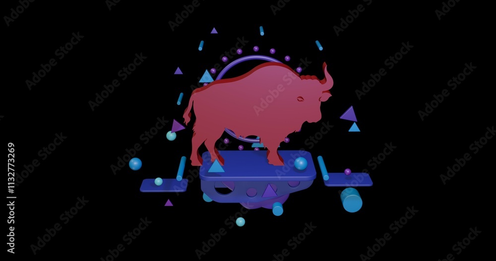 Poster red buffalo symbol on a pedestal of abstract geometric shapes floating in the air. abstract concept 
