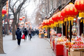 Fototapeta premium Chinese New Year new beginnings concept. Vibrant street market adorned with red lanterns and festive decorations.
