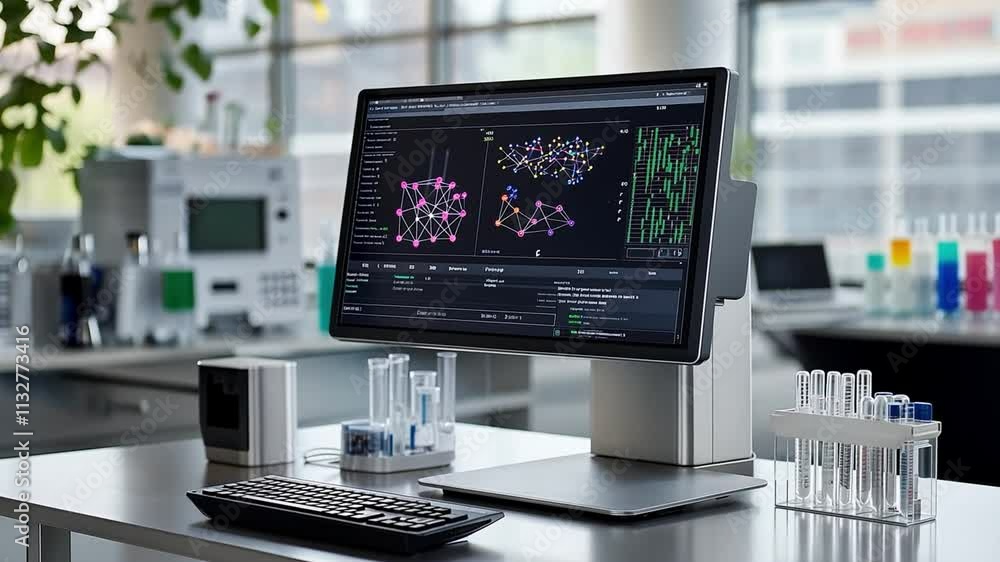 Poster biocomputer setup in a modern laboratory focusing on data analysis and computational research