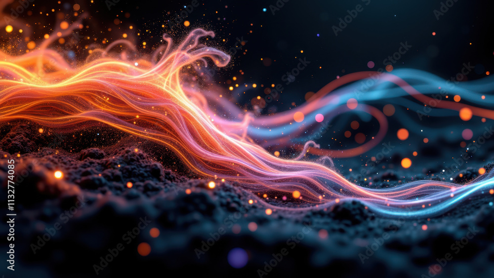 Poster Dynamic swirling texture with fiery particles against a dark background.