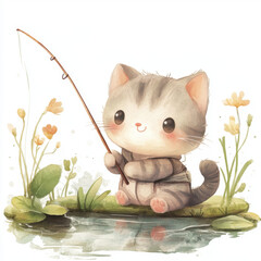 Kawaii cute adorable little watercolor style cat fishing in a small stream with a smile kitty, pets, 