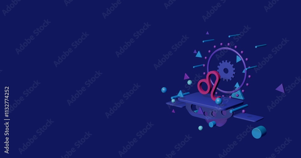 Poster pink zodiac leo symbol on a pedestal of abstract geometric shapes floating in the air. abstract conc