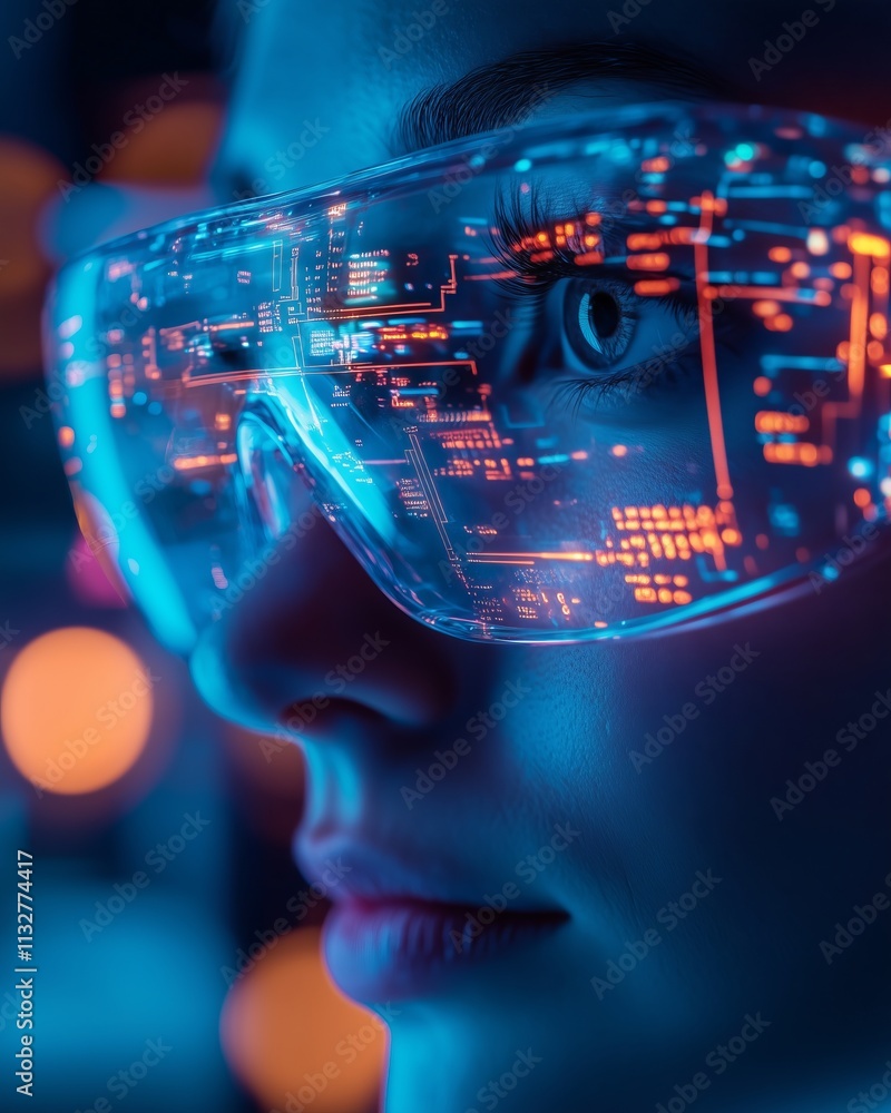 Poster woman wearing futuristic glasses with displaying computer code in augmented reality